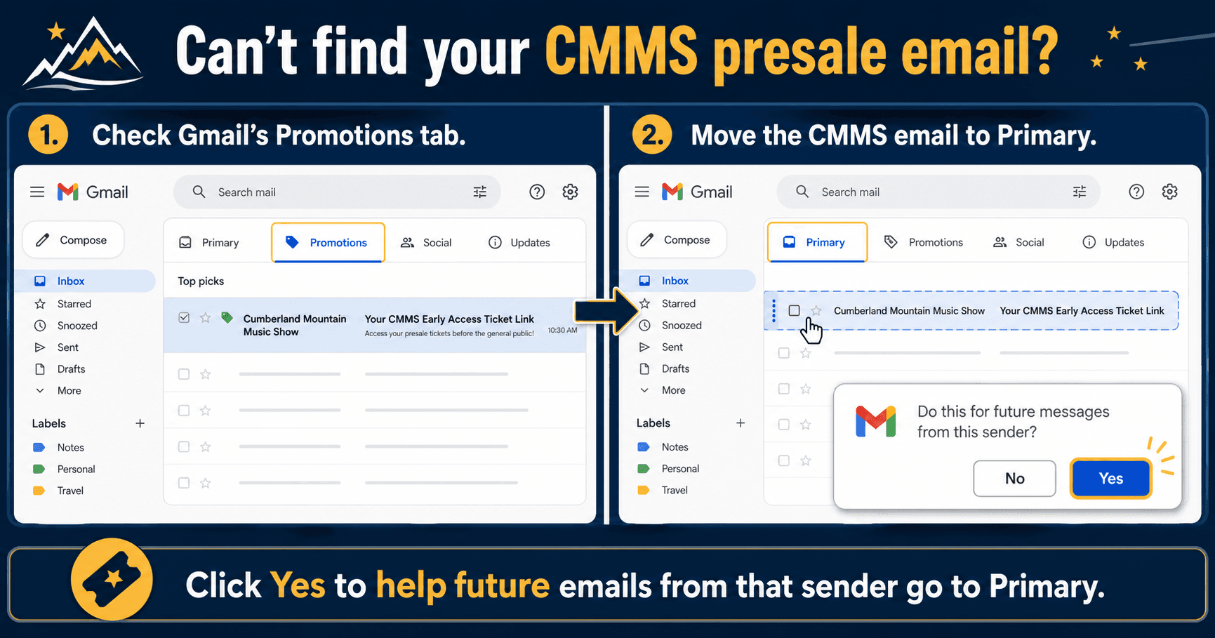 How to find a CMMS presale email in Gmail Promotions and move future CMMS emails to Primary